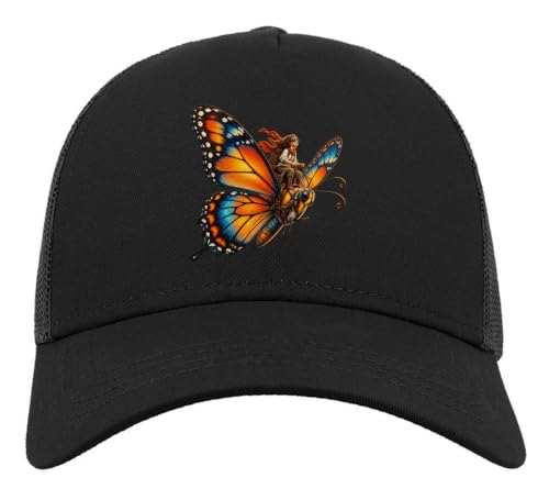 Child Riding Giant Colorful Butterfly Half Mesh Cotton Trucker Cap Baseball Hat Black