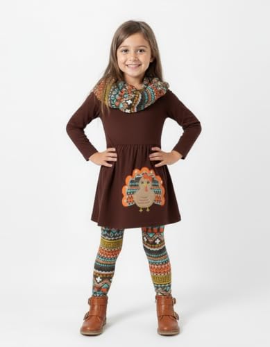 Image of Unique Baby Girls Kids Toddler 3pc Outfit Set Long Sleeve Stretch Tunic Top Leggings and Scarf