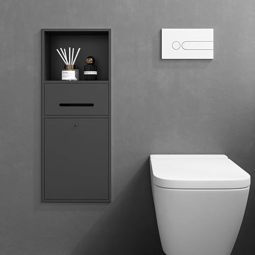 Toilettenpapierhalter Unterputz Wandnische mit Ablagefach, Mülleimer, Toilettenpapierhalter, Platzsparend, Badnische mit Schrank für Taschentücher, Papierrollen und Telefon,Black