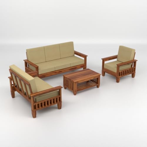 Image of Solid Sheesham Wood 6 Seater Sofa Set for Living Room | Premium Wooden Sofa with Fabric Cushions & Side Magazine Rack | Modern Solid Wood Furniture for Home & Office