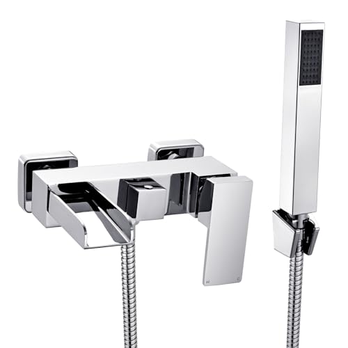 [Wall Mounted] Hapilife Bath Filler Waterfall Mixer Tap Bathroom Taps Mixers Square Bath Taps with Handheld Shower Head Chrome Tub Tap Wall Hung Single Lever
