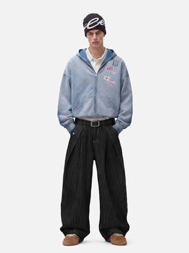 Image of Aelfric Eden Pinstripe Baggy Barrel Jeans Pleated Wide Leg Denim Pants Men Women Loose Fit Streetwear Vintage Trousers