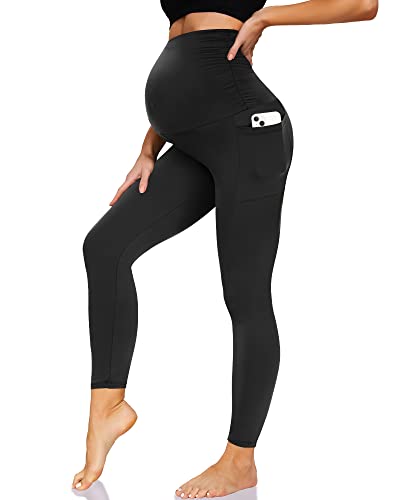 Women's Maternity Workout Leggings Over The Belly Pregnancy Stretch Yoga Active Pants with Pockets