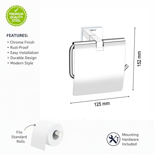Image of Force Toilet Paper Holder with Shelf - Pack of 2 - Wall Mounted Stainless Steel 304 - Brushed Chrome Finish - Square Brass Base - Rustproof Bathroom Tissue Roll Stand with Storage Shelf