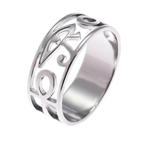 YILUOCD Stainless Steel Egypt Eye of Horus Ring Egyptian Ankh Cross Ring for Women Protection Amulet Egyptian Jewelry (Silver 8)