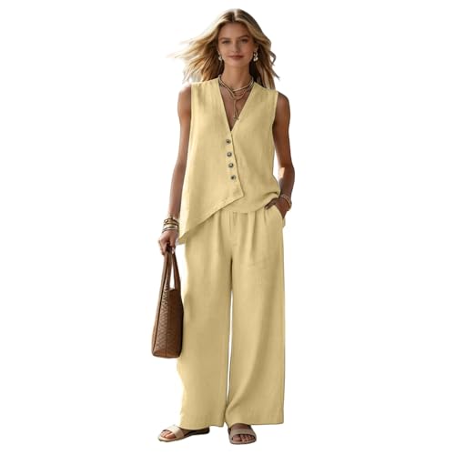 Conjunto lino mujer de diseño elegante con chaleco botones y pantalón 2