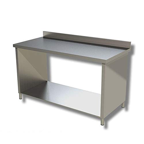 Tavolo inox su fianchi con ripiano di fondo, con alzatina posteriore. Prof. 60-90x60x85H, SENZA ruote