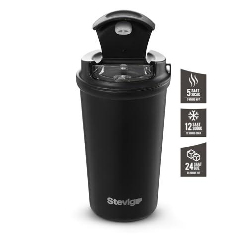 Image of 4 Work Flip Open Coffee Mug | 13 oz | Transparent Lid Design | Double Wall Vacuum Travel Mug | Cup Holder Friendly | Non-Slip Base | Compatible with Lanyard Loop - Black ST-250