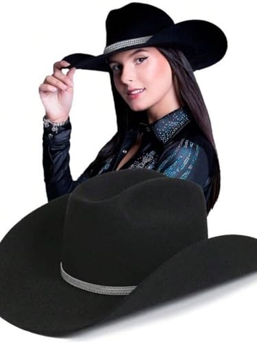 Pralana Chapéu Country Feminino, Preto, Aba Grande, com Fita de Strass Brilhante, Estilo Ana Castela