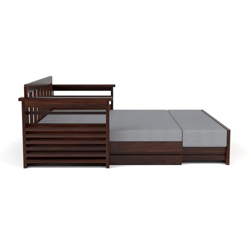Image of Solid Sheesham Wood Sofa Cumss Bed with Cushions | Rosewood Day Bed with Rattan Cane Work & Storage | Convertible Sofa Bed for Living Room & Bedroom (Walnut Finish)