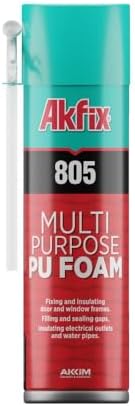 Akfix 805 Multi-Purpose Single-Component PU Foam Insulation, 500ml, Straw Adapter, Moisture-Curing, Fills & Insulates Gaps, Windows & Doors, Application as Low as -2°C
