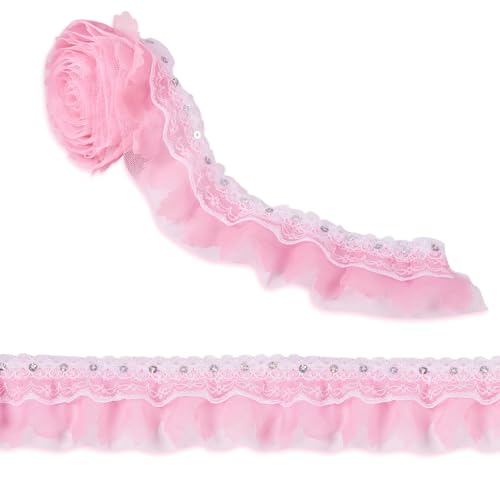 Spritewelry 2M Pink Lace Pleated Chiffon Lace Trims 2-Layer Vintage Lace Ribbons for Bridal Wedding DIY Craft Sewing Costume Applique Decor 50mm