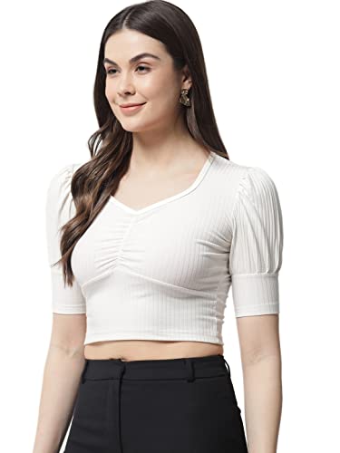 Image of POPWINGS Solid Ribbed Slim Fit Crop Tops for Women | Polycotton Stylish Western 3 /4 Puff Sleeves Casual and Summer Crop Tops for Women