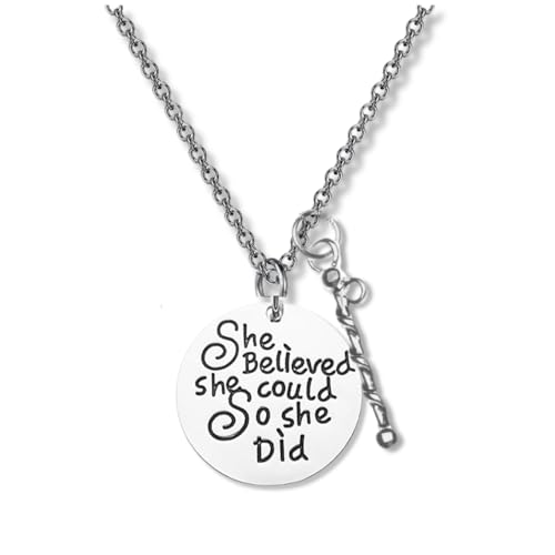 Sportybella Baton Charm Necklace- Twirling Jewelry - She Believed She Could So She Did Charm Pendant, Gift For Baton Twirler & Majorettes