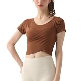 [machikaada] ヨガウェア トップス ピラティス カップ付き ブラカップ付き １枚着 Tシャツ 半袖 レディース おしゃれ かわいい クロスデザイン ホットヨガ クロップド丈 ショート丈 スポーツウェア ジム ダイエット 吸収速乾 ストレッチ マチカアダ (JP, アルファベット, M, 3ブラウン)