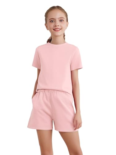 LiiYii ropa de algodón para niñas niños camiseta manga corta cuello redondo con pantalones cortos verano conjunto de deportes vacaciones, rosa, 7-8 Años