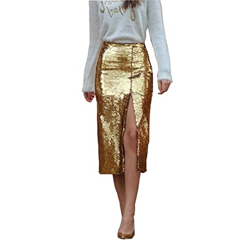 Lisong Women High Waist Gold Sequin Knee Length Spectial Occasion Skirt S Gold