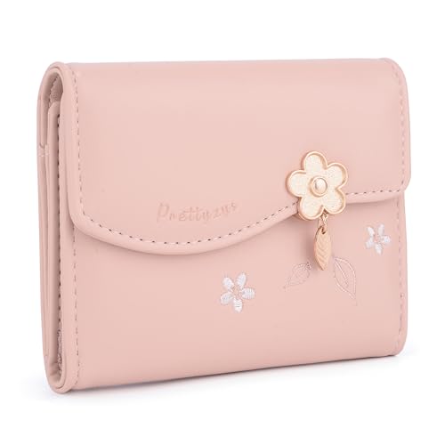 UTO Small Wallet for Women PU Leather Leaf Flower Pendant Card Holder Organizer Zipper Coin Purse