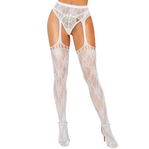 RSLOVE Fishnet Stockings for Women - Sexy Thigh High Lace Garter Belt Suspender Pantyhose for Party, Halloween One Size White