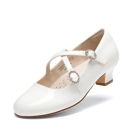 DREAM PAIRS Girls Dress Shoes Mary Jane High Heel Round Toe Straps Pumps Flower Wedding Party Princess Flats for Little/Big Kids,Size 4 Big Kid,White,KKUMFA2510