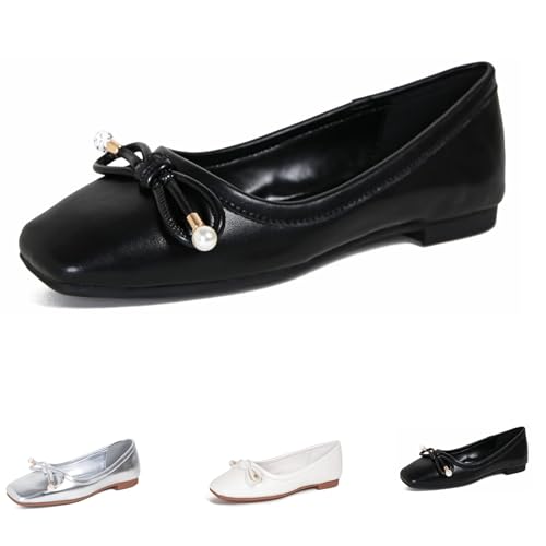 Women's Leather Flats Comfort Round Toe Soft Sole Slip-on Flats Nurse Work Flat Walking Shoes (Black,8.5)