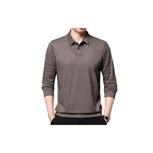 Men's Faux Two Piece Lapel Long-Sleeve Tops, Striped Lapel Fake 2-Piece Knitted Shirt, Fake Two Piece Shirt