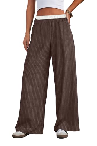 Lesore Womens Striped Color Block High Elastic Waist Wide Leg Pants Trousers Long Straight Suit Pants
