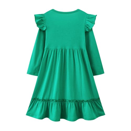 Image of Girl Long Sleeve Dress Ruffle Rainbow Color Block Cotton Casual Tiered Pleated Twirly Dress