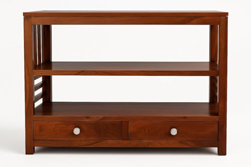 Image of Solid Sheesham Wood Console Table with 2 Storage Drawers, 3 Shelves, Mission Style Bookshelf.