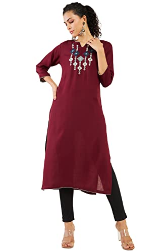 Image of Soch Women Maroon Rayon Embroidered Kurta