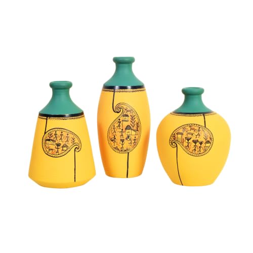 Image of Aakriti Art Creations Terracotta Vases Set of 3 | Handmade Yellow Warli Art Flower Vases Matte Finish Decorative Vases for Artificial Plants Home Decor & Gifting