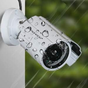 VENTECH security camera with water droplets, illustrating its waterproof design.
