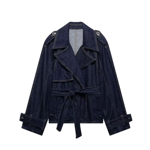 Manteau femme nœud taille design large en jean bleu foncé coupe trench
