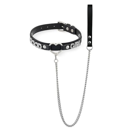 ADEMISHIA Black Heart O-ring Leather Collar and Leash Set Adjustable Gothic Choker Necklace with Rhinestones Letters 38 Inches Durable Aluminum Chain Leash
