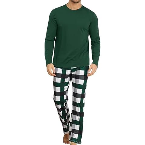 KUYIGO 2 Piece Pajamas Set for Men Plaid Sleepwear Loungewear Sets Relaxed Fit Nightwear PJ Sets Dark Green 2XL Cover