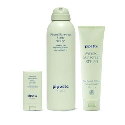 Image of Pipette Baby Clean Mineral Sunscreen Trio, Includes Spray SPF 30 (6 Oz), Stick SPF 50 6 oz (0 /6 oz), and Water-resistant Sun Lotion (3 oz), Zinc Oxide Mineral Sunscreen, UVB /UVA Sunblock for Kids
