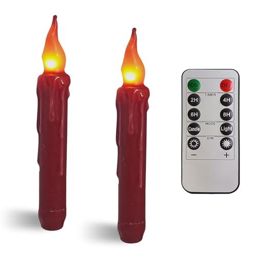 Image of Real Wax LED Flameless Christmas Short Taper Candles with Remote, 6.7 Inches Red Candlesticks, Dripless Battery Operated Flame Rustic Primitive Flameless Lights Holiday Decor, Pack of 2