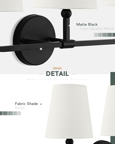 Image of Bathroom Light Fixtures, 3-Light Matte Black Vanity Lights with Flared Beige Fabric Shade, Vintage Sconces Wall Lighting for Hallway Bedroom, VL837-MB-B-3