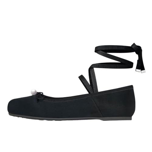 Vertundy Women's Ballet Flats Satin Closed Round Toe Lace Up Ballerina Flats Pearl Design Strappy Shoes2