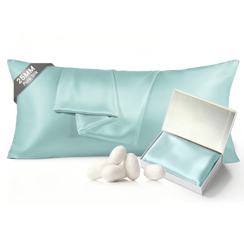 Image of THXSILK 100% Mulberry Silk Pillowcase for Hair and Skin, 25 Momme, Body Size 20 inchx54 inch Silk Pillow Case, Soft Smooth Cooling Premium Grade 6A+ Silk Pillow Cover with Zipper(Light Blue, 1pc)