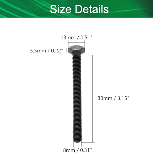 Image of M8x80mm Hex Screws Bolts Carbon Steel Fastener Rustproof Metric Fully Threaded Replace Bolt Black 5PCS