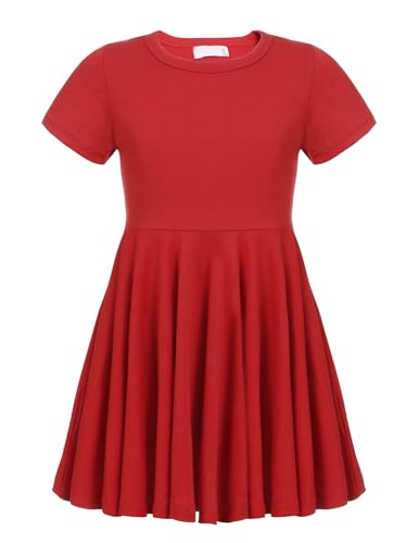 trudge Vestido sin Mangas de Verano para niñas Una línea de Manga Corta Algodón Color sólido Camiseta Princesa Vestidos básicos Vestido de Patinador Fattern Rojo 120