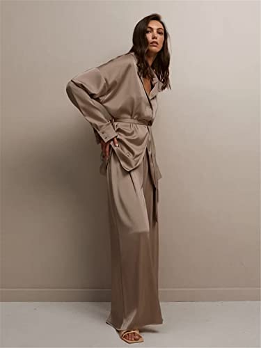 Vintage Brown Satin Loose Two Piece Set Women Long Shirt and Pants Casual Female Suit3
