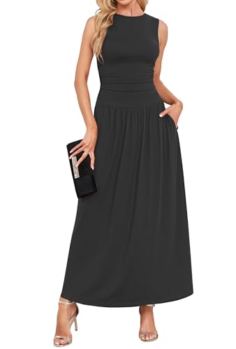 AUSELILY Womens Maxi Dress 2025 Summer Sleeveless Casual Slim Flowy Pleated Long Dresses with Pockets3