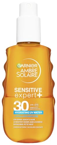 Garnier Ambre Solaire Sensitive Expert + Hydrating UV Water Sonnenschutzspray LSF 30 Hoher UV-Schutz für Körper Gesicht und Haare Erfrischend wasserfest und nicht fettend 150 ml