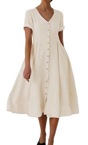 Image of chouyatou Women's Summer Fit and Flare Swing Cotton Dress Casual V-Neck Button Down Beach Midi Dress