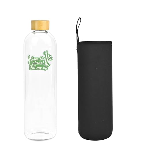 Botella de Agua Cristal 1,5 L 1500 ML con Tapa de Bambú Vidrio Borosilicato con Funda Neopreno Negra Ecológica Save the planet fill me up Reciclable Reutilizable Libre de Tóxicos sin BPA