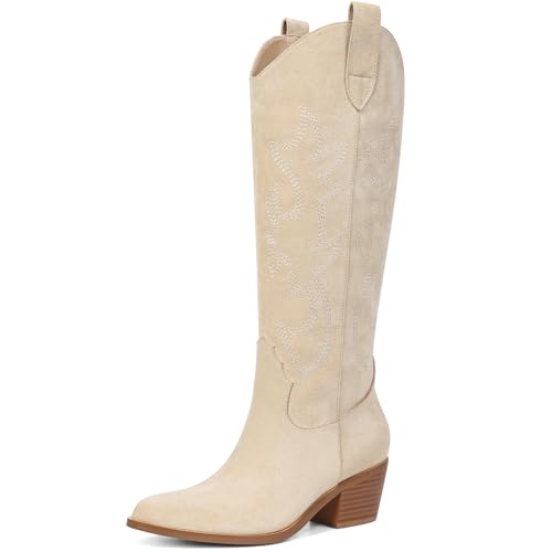 Image of Erocalli White Cowgirl Boot Cowboy Boots for Women Embroidered Pull-On Chunky Stacked Heel Knee High Western Boots