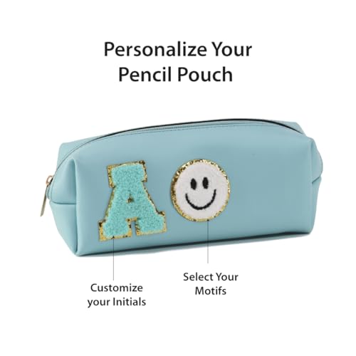 Image of AICA Gifts Personalized Leather Pencil Pouch (Blue) with Embroidered Alphabet & Patch | Pencil Pouch for Kids | Birthday Gift | Birthday Return Gift |Gift for Kids Age 6-10