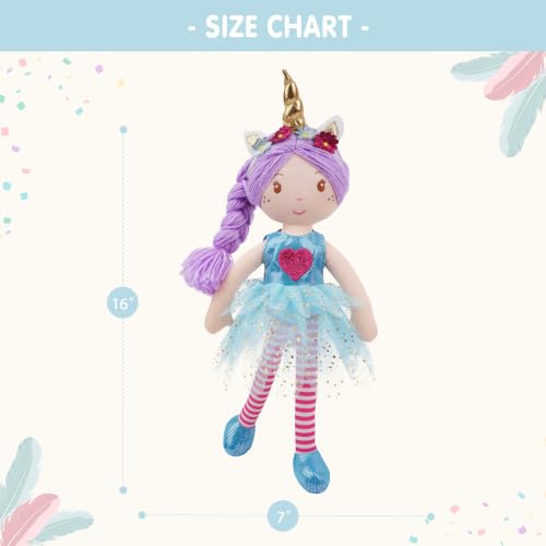 June Garden 16" Unicorn Doll Myra - Purple Hair Plush Rag Doll for Toddler Girls - Soft Companion Gift for 2+ Years - Blue Dress by June Garden - Used condition - Image 3